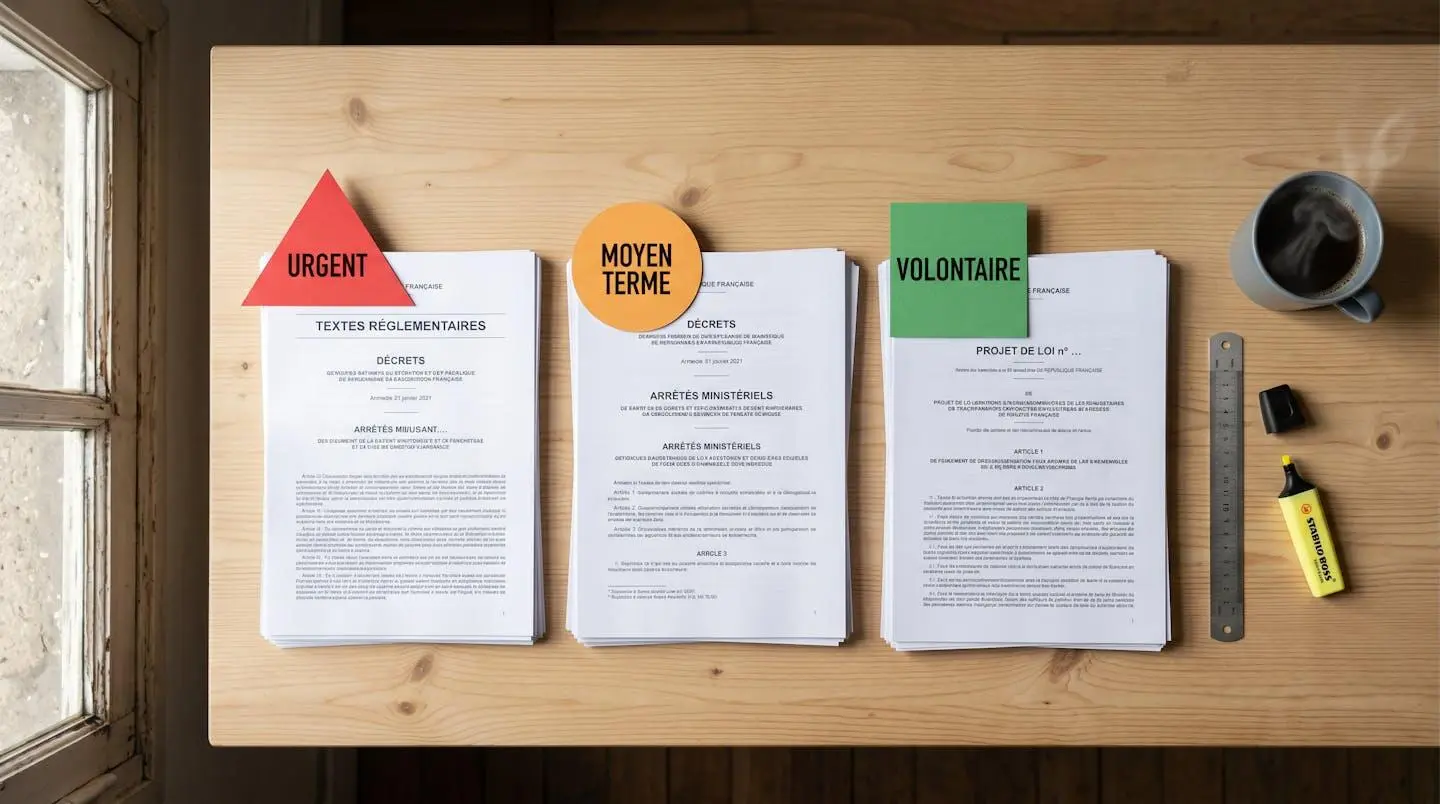 Photographie en vue de dessus de documents réglementaires français organisés en trois piles sur un bureau en bois clair, chacune marquée d'une étiquette géométrique colorée indiquant le niveau de priorité