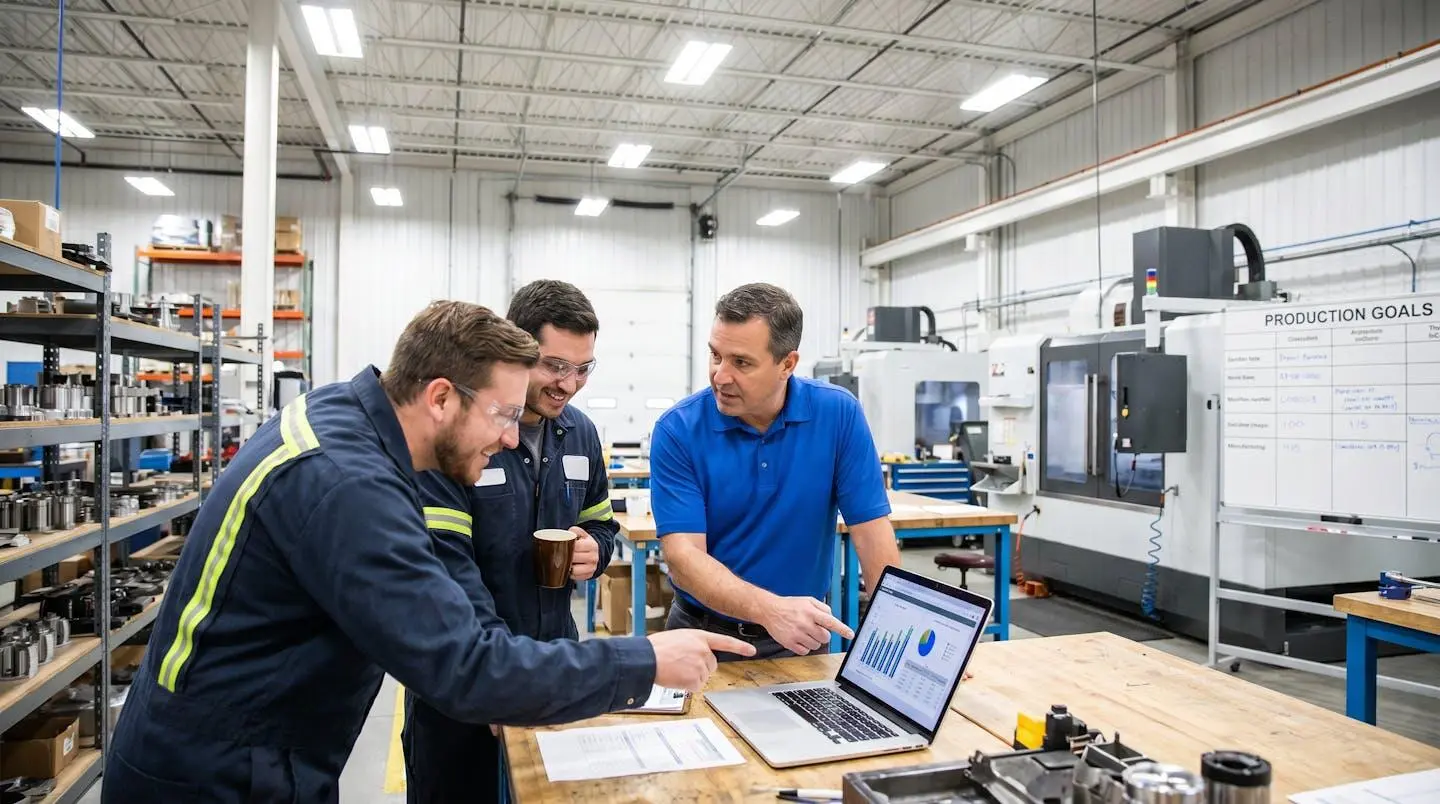 Équipe d'atelier industriel réunie autour d'un écran pour analyser les données de production hebdomadaires