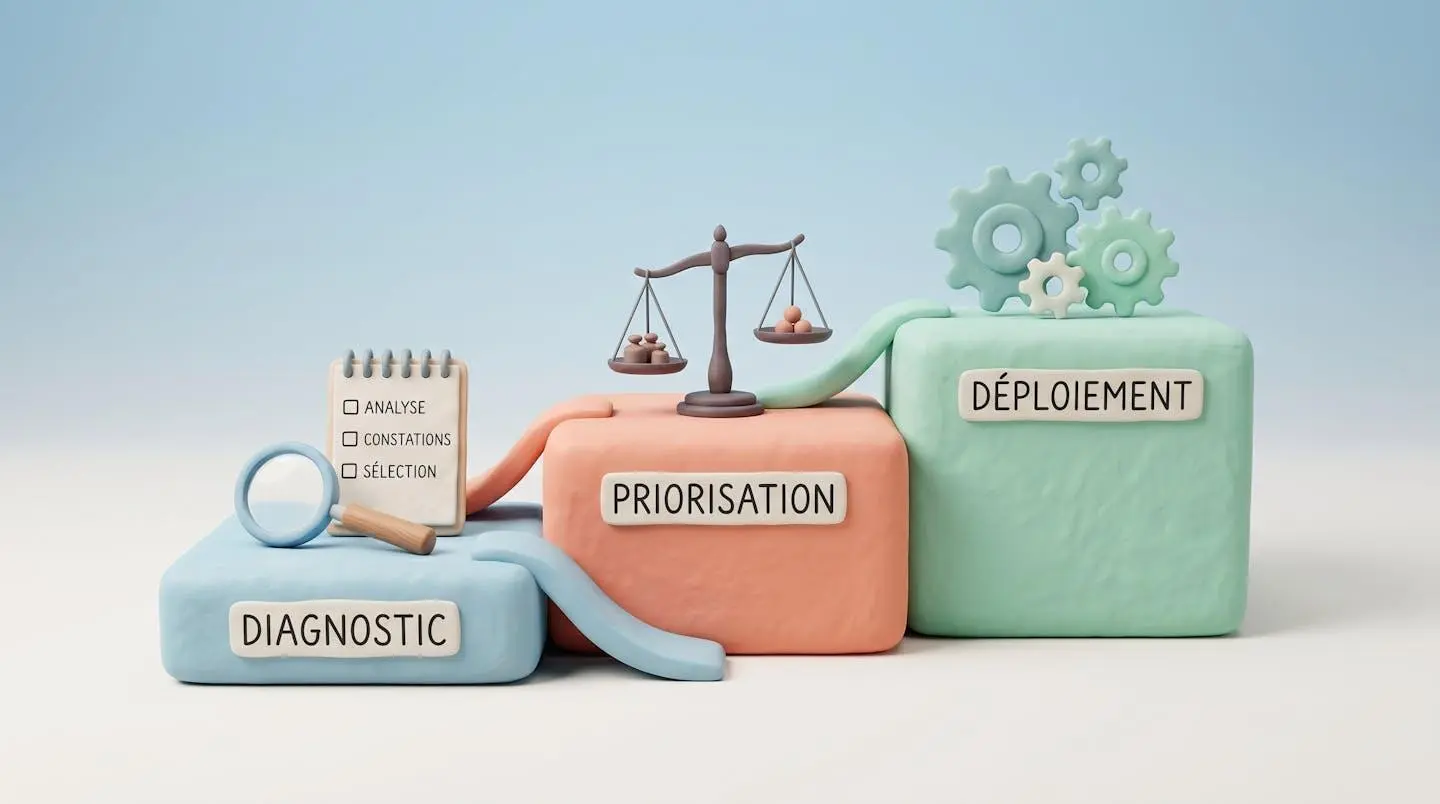 Illustration 3D en style clay de trois plateformes en escalier ascendant, chacune portant un symbole (loupe, balance, engrenages) représentant les étapes de diagnostic, priorisation et déploiement, dans une palette pastel bleu-pêche-menthe