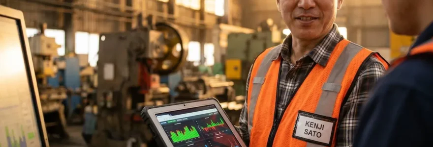 Responsable industriel analysant des indicateurs de performance sur une tablette dans un atelier de production moderne