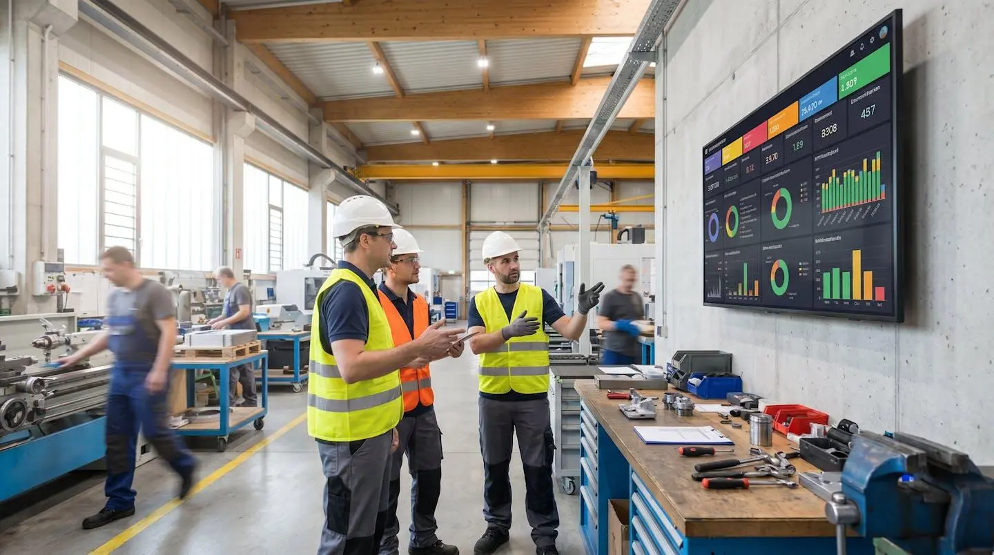 Tableau de bord avec indicateurs de performance affichés sur un écran mural dans un atelier industriel